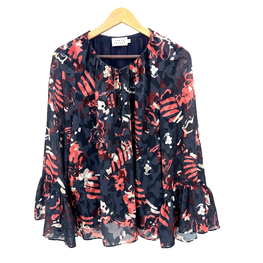 Tanya Taylor Long Ruffle Sleeve Harmony Blouse Floral Top Womens Size XL